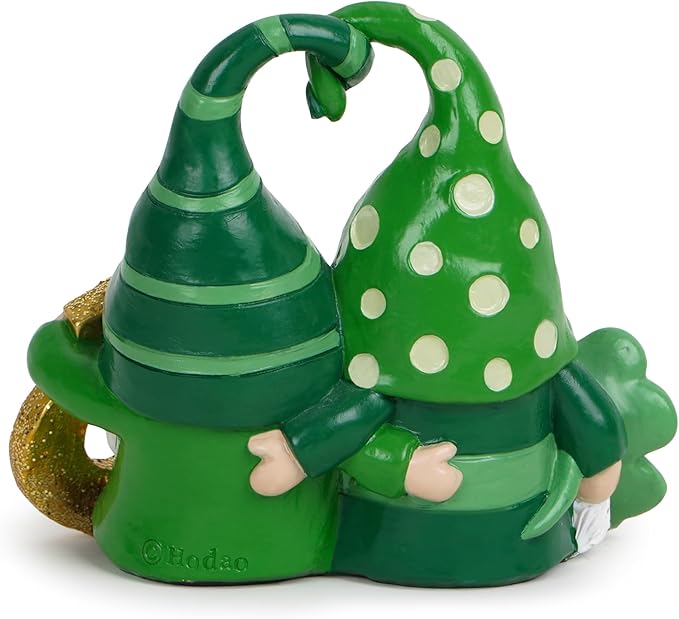 Hodao Green St. Patrick's Day Couple's Gnome 3.75" H Resin Standing Figurine for Spring-Lucky Man with Love Intertwined Home Holiday Decorations Indoor Home Decor Lucky Green Gnome