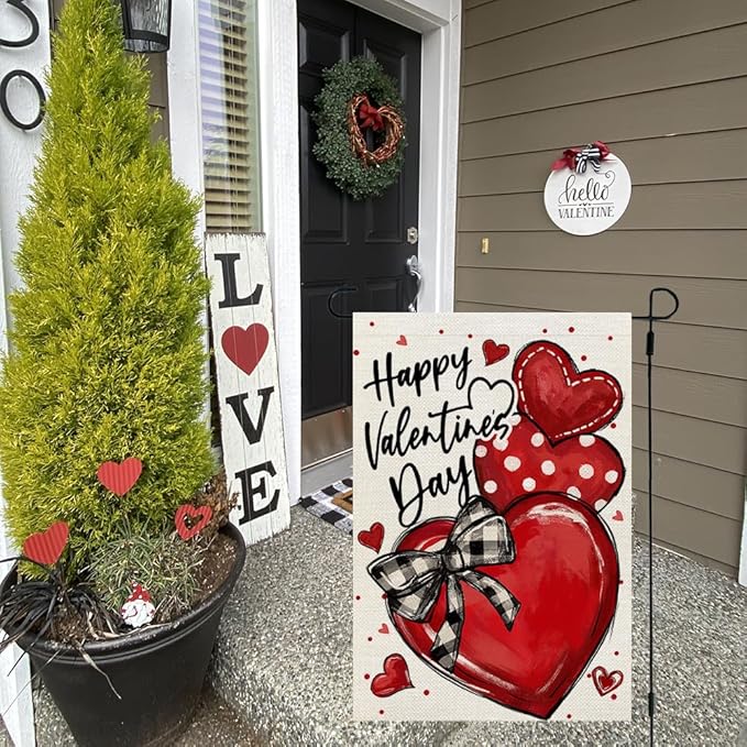 CROWNED BEAUTY Valentines Day Hearts Garden Flag 12x18 Inch Double Sided for Outside Small Burlap Love Red Holiday Yard Decoration