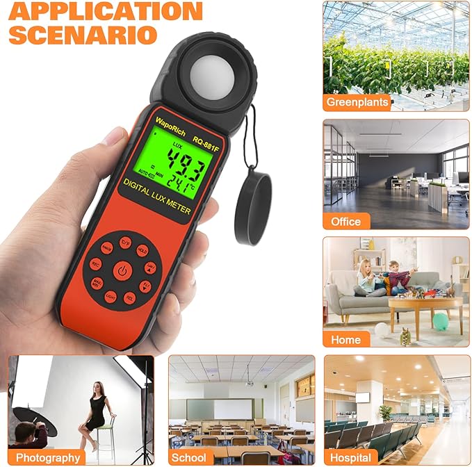 Light Meter, Illuminance Meter RQ-881F to Measure Light, Max Value Display 3999(Ranges: 1-400,000Lux), 270º Rotated Sensor, Back Light, Data Storage-Orange