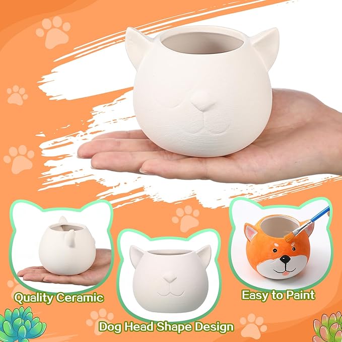 Pasimy 6 Set Ceramics to Paint DIY Ceramic Succulent Planter Pots Paint Your Own Flower Pots Craft Kit Unpainted Bisque Flowerpot with Brush Palette for Family Activity Holiday Gifts(Dog)