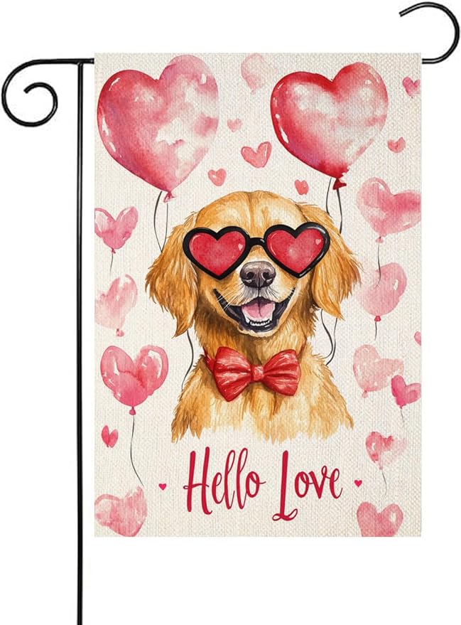 Valentine's Day Golden Retriever Hello Love Garden Flag, House Yard Plaid Love Heart Outside Decoration, Spring Holiday Wedding Anniversary Outdoor Small Decor 12x18(12627)