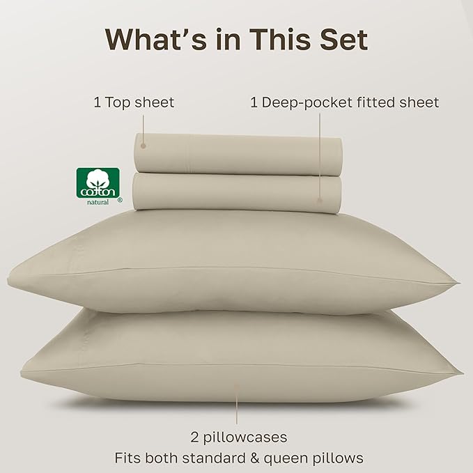 California Design Den Queen Bed Sheets Set - Certified Authentic Luxury 100% Egyptian Cotton Deep Pocket Bed Sheets Set, Soft Sateen, Breathable Sheets for Hot Sleepers, Beige Sheets Queen