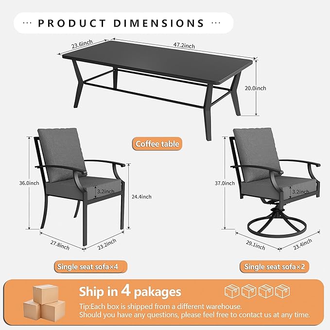 7-Piece Patio Conversation Set, Patio Furniture Set with 4 Stationary & 2 Swivel Chairs with Thick Cushions & a Rectangular All-Iron Coffee Table, Metal Patio Seating Set for lawns, Patio,Grey