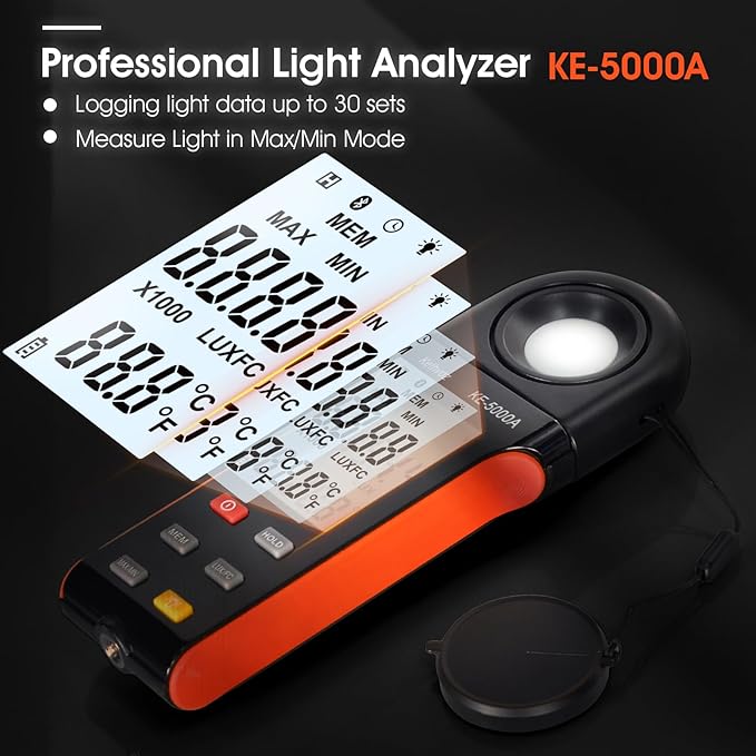 Kethvoz Digital Illuminance Light Meter, 400,000 Lux/FC Illuminance Tester with 270° Rotating Sensor, Data Logging, for Indoor Plants, Greenhouse, Grow Tent, Aquarium, Photography Lighting Measurement
