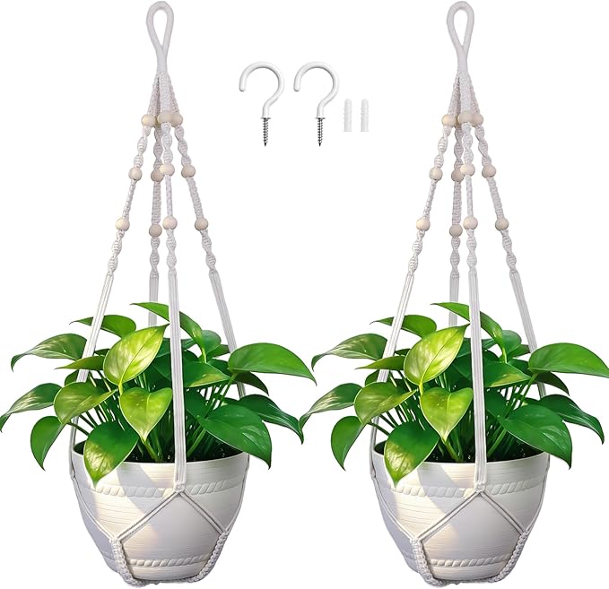 EJGIEGSO Macrame Plant Hanger, Up to 4-15 inch Pots, Wood Beads Cotton Hanging Planter Holder for Indoor Outdoor Boho Home Decor, 35 Inch, Set of 2 (Ivory)