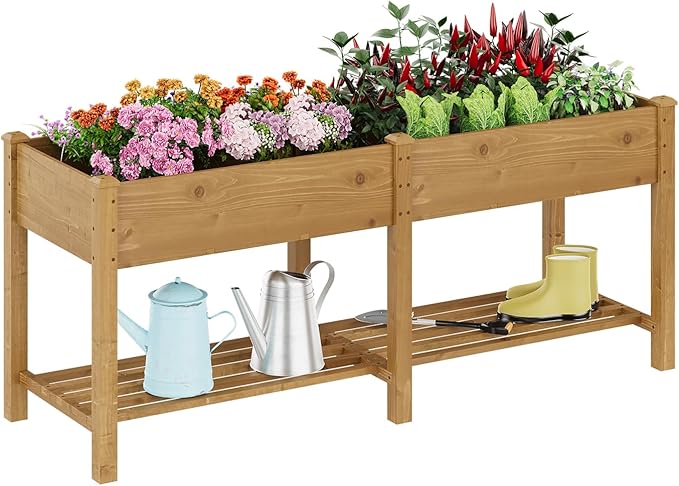 Raised Garden Bed, Planter Box with Storage Shelf, Elevated Wooden Planter Box with Legs, Garden Planter for Backyard, Patio, Balcony, Natural Wood (Brown, L)