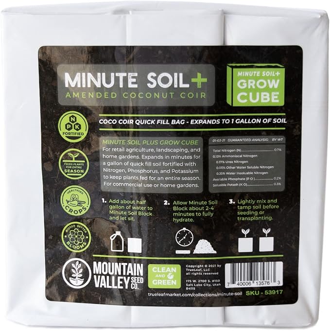 Minute Soil Plus Grow Cube - Amended Coco Coir Potting Soil - 1 Gallon Plastic Grow Bag - 3 Cubes - Self Contained Expanding Coconut Coir Grow Planter - Feeds Plants for an Entire Season