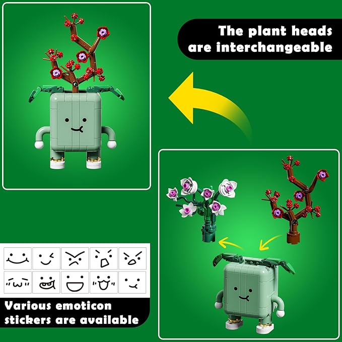 BeepZipp 4-Pot Interchangeable Botanicals Building Kit - Creative Spinning Plant Building Toys with DIY Faces, Mini Desk Decor & Fun Gift for Teens Adults (Orchid, Bamboo, Plum, Chrysanthemum)