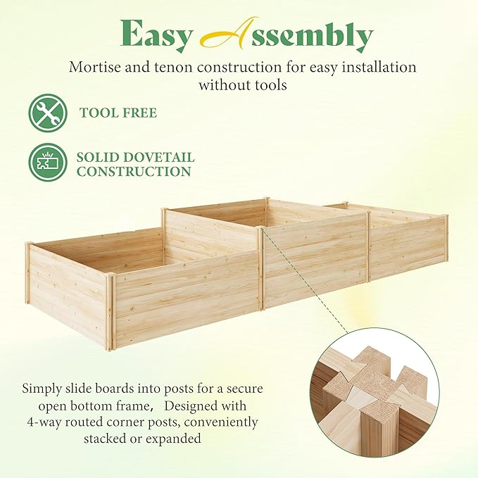 SPECRAFT 2 Tier Raised Garden Bed, 23 Inch Deep Fir Wood Planter Box with Mortise & Tenon Structure, 3-Section Open Base for Vegetables, Flowers & Herbs, Backyard, Garden & Patio, 142 x 49 x 24 in