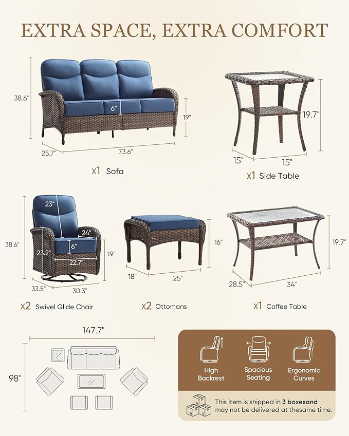 Belord Upgraded 6“ Cushion Luxury Patio Furniture Set with Fire Pit Table - 7 Piece Wicker Furniture Set with High Back Swivel Rocker Patio Chairs, Conversation Set for Deck Porch Yard - Brown/Blue