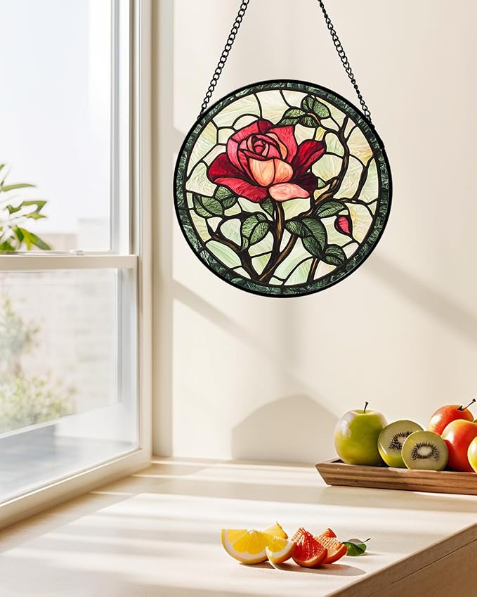 AMDERVEN Stained Glass Window Hanging, Red Rose Flowers Sun Catcher for Door Garden Home Decor Suncatcher Christmas Mother's Day Birthday Gifts for Women Lovers Men Wife Girlfriend Mom Nana 6.3 in