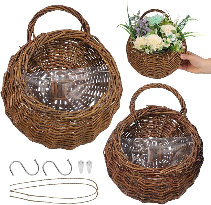 Yardwe 2Pcs Woven Wall Hanging Flower Baskets, Rattan Hanging Planters for Indoor Plants, Rustic Wall Decor Storage Containers, 12.20 X 10.62 X 4.72 Inches