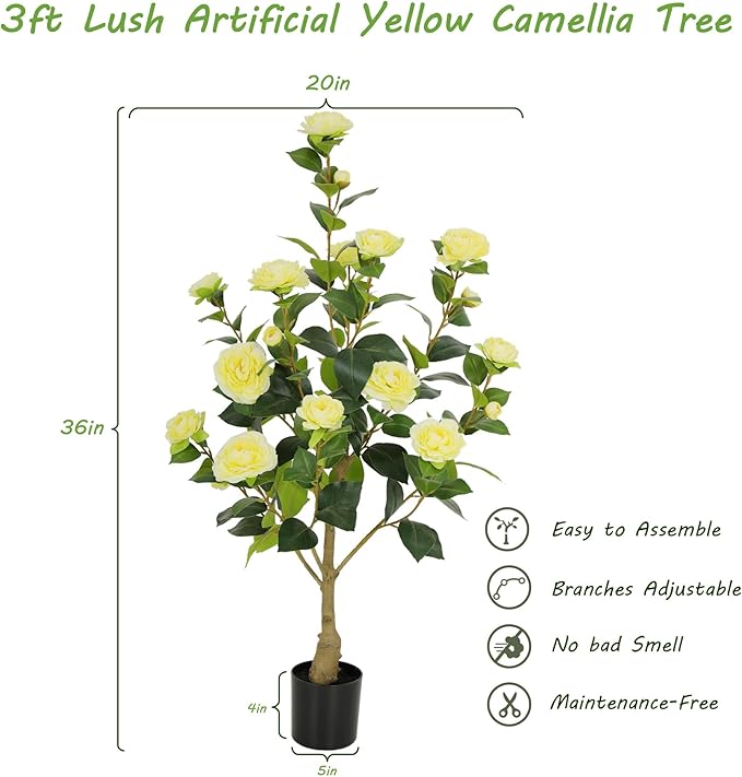 Nafresh 3FT Lush Artificial Yellow Camellia Tree Outdoor 2 Pack, 36inch Faux Camellia Plant, Fake Camellia Flowers Tree for Indoor Outdoor Living Room Home Patio Front Door Garden Decor
