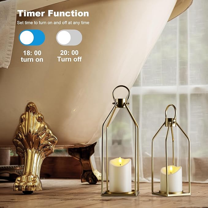 Homemory Modern Farmhouse Lantern Decor with Waterproof Flameless Candle & Remote Timer, 2PCS Gold Metal Candle Lantern Decorative for Outdoor Indoor Home Living Room Patio Porch Table (Gold)