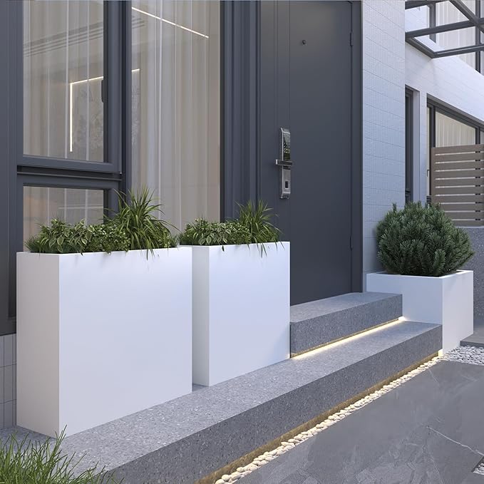 GZLVSOW White Metal Long Planter for Outdoor Plants 24" x 10" x 24" Metal Rectangular Outdoor Planter Box Spliced Flower Box with Partitions for Outside,Indoor,Garden (White, 24 * 10 * 24)