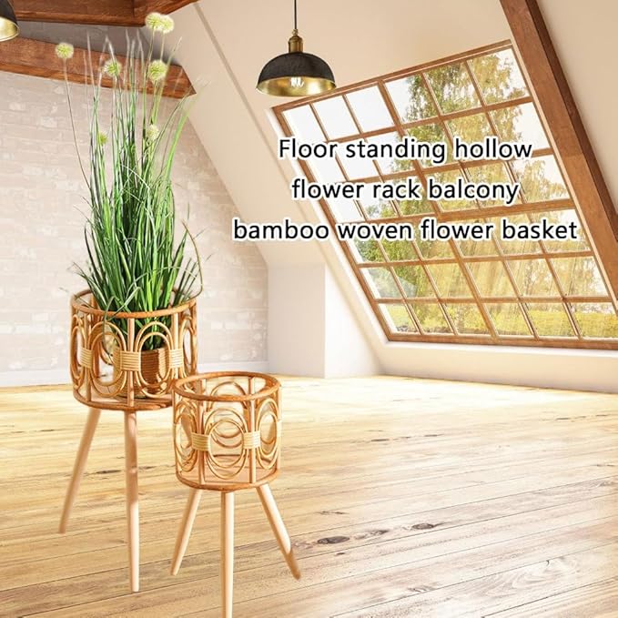 Rattan Plant Stand, Wicker Plant Baskets Indoor, Handmade Woven Wooden Planter With Legs, Floor Planter Baskets Rack For Indoor Outdoor Decorations - 16" & 21" (21in)