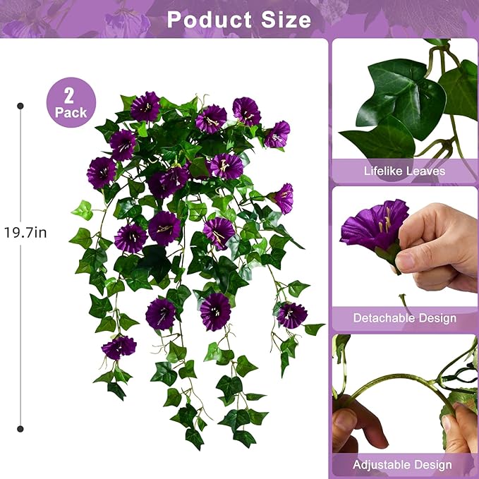 Morning Glory Artificial Hanging Flowers for Outdoors 3 Pcs Fake Petunias Flower Faux Silk Long Trailing Vines Realistic Flower for Front Door Porch Patio Balcony Garden Yard Decor (3 Pcs Dark Purple)