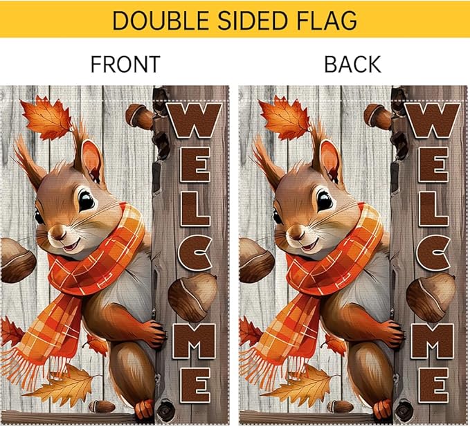 Welcome Fall Garden Flag 28x40inch The Nut Squirrel Fall Autumn Thanksgiving Garden Flags Yard Porch House Flag Double-Side For Home Outdoor Yard Patio Lawn Decor, Garden Decorations (RMQ-718D, 28"X40")
