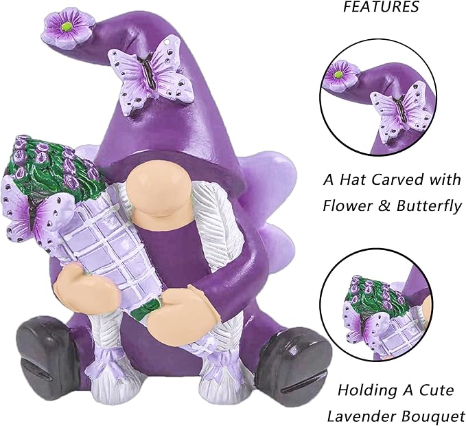 Lavender Gnomes Figurines Decor, Resin Garden Gnome Decorations for Home Indoor Outdoor Purple Spring Fall Decoration Farmhouse Butterfly Figurine for Thankgiving Day