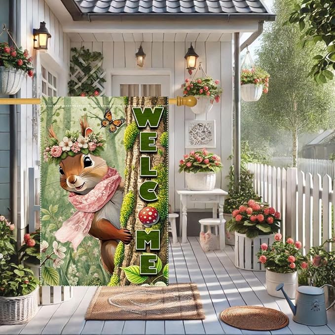 Welcome Garden Flag 28x40inch The Nut Squirrel winter Garden Flags Yard Porch House Flag Double-Side For Home Outdoor Yard Patio Lawn Decor, Garden Decorations