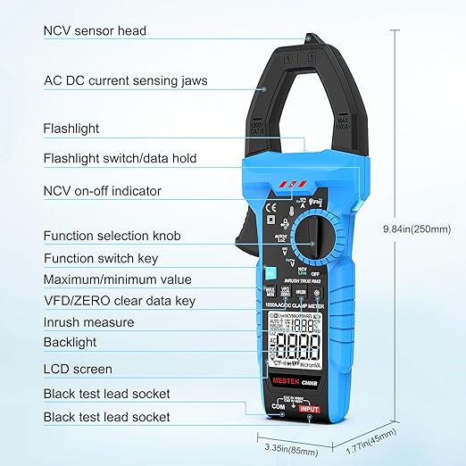 MESTEK Inrush Digital Clamp Meter, TRMS 6000 Counts Multimeter Voltage Tester with VFD & LOZ Mode, 1000A AC/DC Current Amp Meter with Resistance, Capacitance, Diodes, Continuity, Temperature, NCV