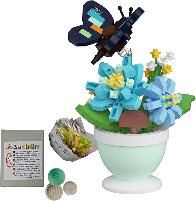 Sacblirr Mini Flower Bonsai with Cute Insects Blue Rosa Butterfly - DIY Potted Plant Building Blocks for Kids and Adults, Botanical Collection Decor Toy