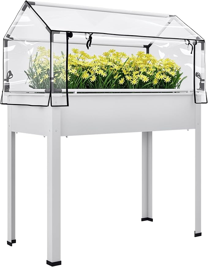 Outsunny Raised Garden Bed with Flip-Up Greenhouse Cover, Elevated Planter Box with Legs and Drainage Hole for Vegetables Flowers Herbs, 39.4" x 18.9" x 48.8", White