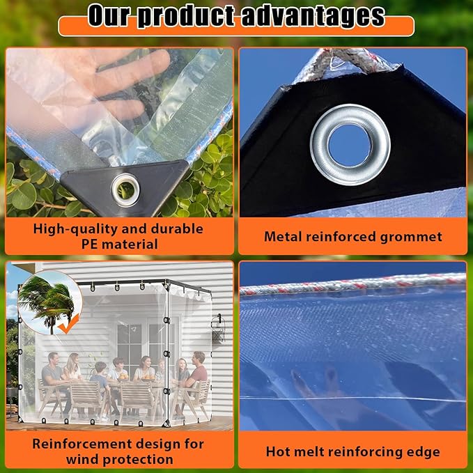 LC&QS Clear Tarp 8x14ft Clear Tarps Heavy Duty Water Resistant, Transparent Tear Resistant PE Tarpaulin Enclosurewith Grommets and Reinforced Edges for Patio,Porch and Outdoor.