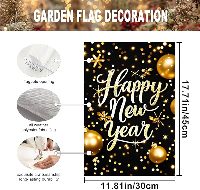 Happy New Year Garden Flag 12x18 Inch Gold Glitter Winter Holiday Yard Decor Seasonal Welcome Banner Outdoor Christmas Lawn Sign Double Sided Polyester For Girls or boys gifts