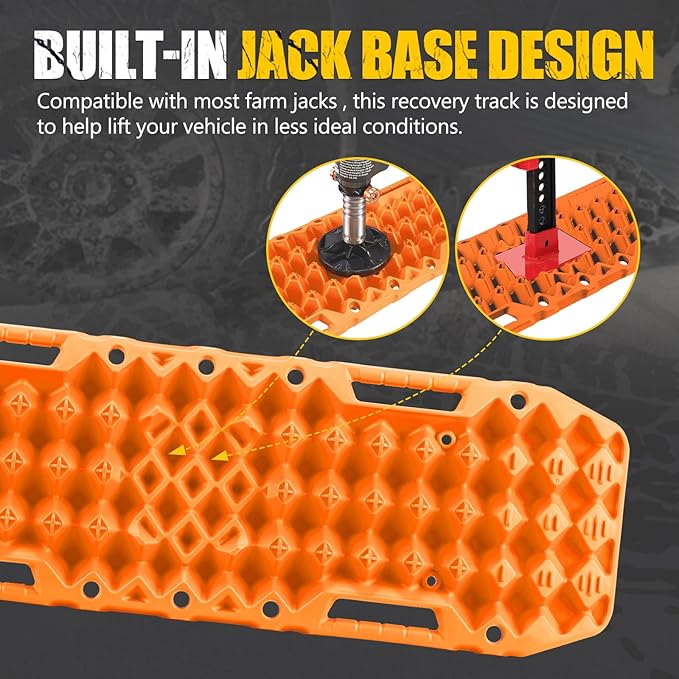 BUNKER INDUST Off-Road Traction Boards with Jack Base,Pair Recovery Track 4X4 Jeep Truck Emergency Tire Traction Mat with Bag -Sand, Mud, Snow Tracks Orange Traction Pad (Gen 7th)