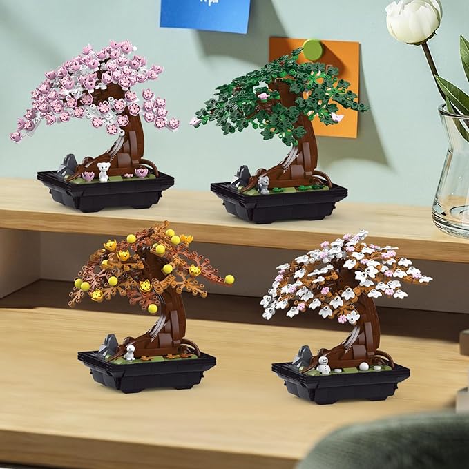 WINGIFT 900Pcs Four Seasons Bonsai Tree Building Set,4In1 Flowers Cherry Blossom Bonsai Building Kit,Botanical Collection DIY Plants for Home Office Decor,Christmas Birthday Gift for Adults Kids Girls