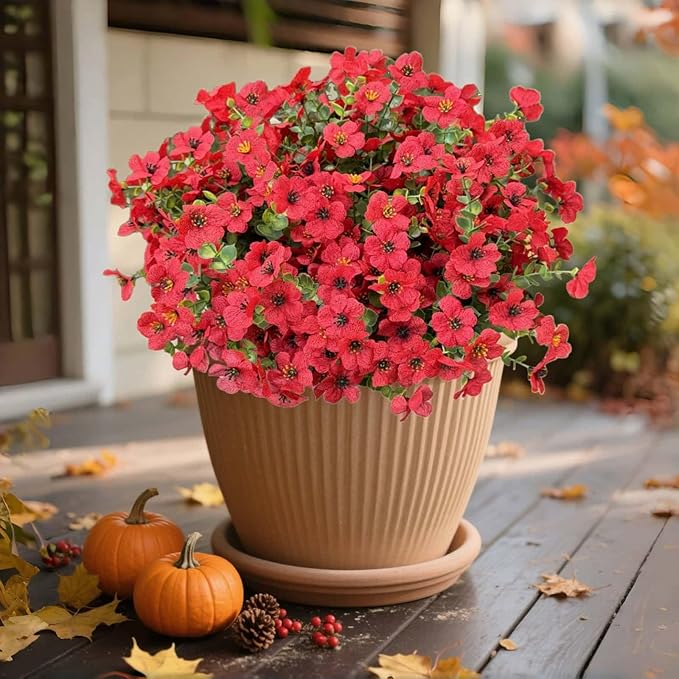 XccJLYB Artificial Flowers Outdoors UV Resistant Fake Plants, 12 Bundles Silk Daisy in Pots for Porch Patio Garden, Faux Potted Home Decor for Outside (Red)