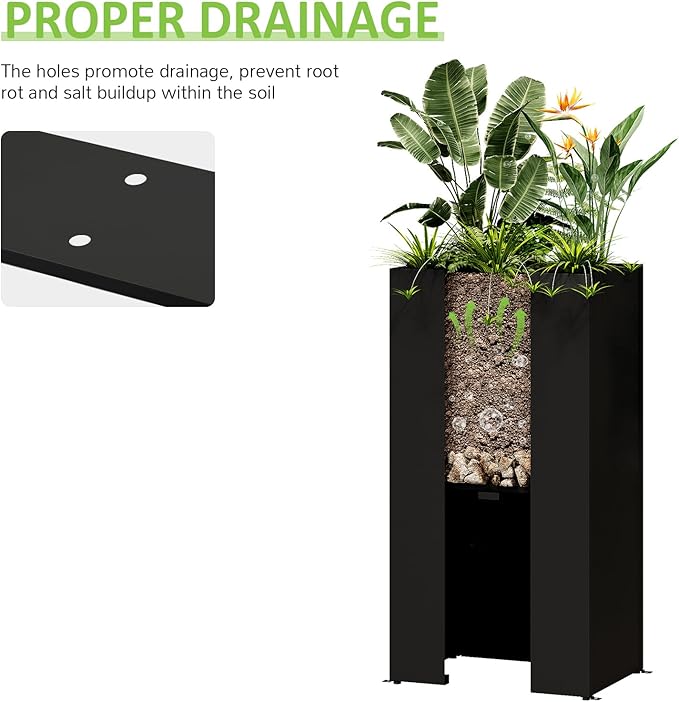 LAHAAP Set of 4 Planter Box Outdoor 30" H x 14.4" W x 13.6" D- Tall Planters for Outdoor Patio/Porch, All-Weather with Anti-Dumping Kit, Durable Galvanized Steel, Modern Design for Plants, Flower