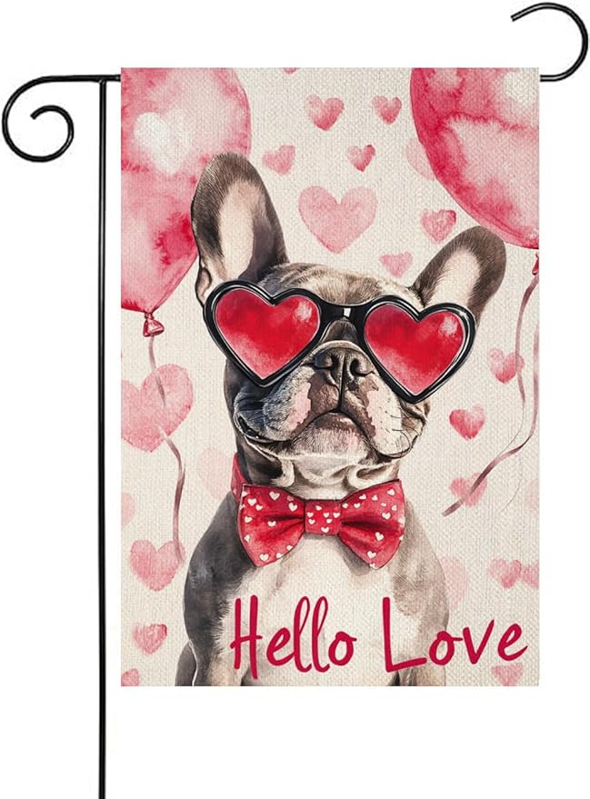 Valentine's Day French Bulldog Hello Love Garden Flag, House Yard Plaid Love Heart Outside Decoration, Spring Holiday Wedding Anniversary Outdoor Small Decor 12x18(12625)