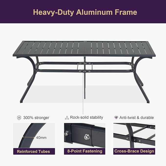 PURPLE LEAF Outdoor Dining Set for 8 with All-Aluminum Black Slat Table and Padded Folding Chairs Modern Patio Furniture Dining Table Set ldeal for Deck Under Pergola Poolside Outdoor Kitchen, Grey