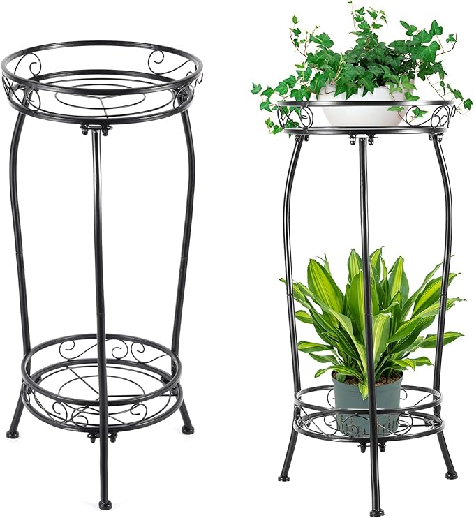 Kavlium 2-Pack Plant Stand Indoor Outdoor,Tall Black Metal Rustproof Stable Plant Stands,2 Tier 27.1 inch Multiple Plant Rack for Planter Corner Garden Living Room & Garden
