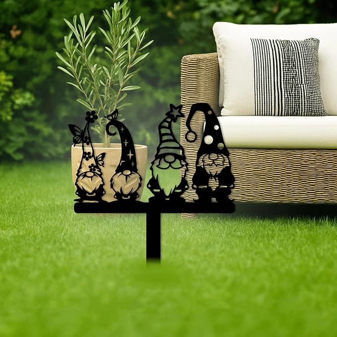 Magilab Personalized Iron Yard Stake - Christmas Cute Gnome Dwarves Decor, 8-Inch Black Metal Garden Sign for Outdoor (Style E)
