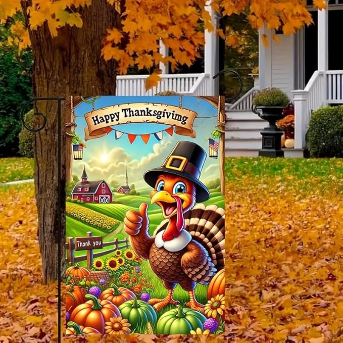 Thanksgiving Turkey Garden Flag Double Sided 12x18 Inch Happy Fall Pumpkin Farm Yard Flag Cartoon Turkey Banner Autumn Harvest Outdoor Lawn Porch Farmhouse Decoration Seasonal Holiday Home Decor