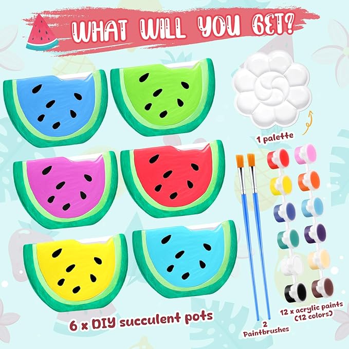 Pasimy 6 Set Ceramics to Paint DIY Ceramic Succulent Planter Pots Paint Your Own Flower Pots Craft Kit Unpainted Bisque Flowerpot with Brush Palette for Family Activity Holiday Gifts(Watermelon)