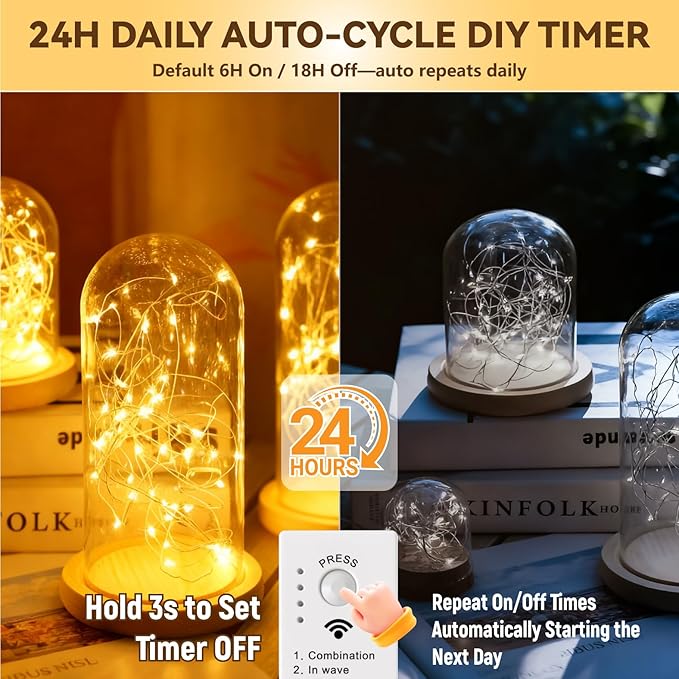 HXWEIYE Rechargeable Fairy Lights Battery Operated, DIY Timer & 8 Modes, 2 Pack 16FT 50LED Twinkle String Lights Indoor, Led mini Lights for Bedroom Wedding Dorm Christmas Tree Decor (Warm White)