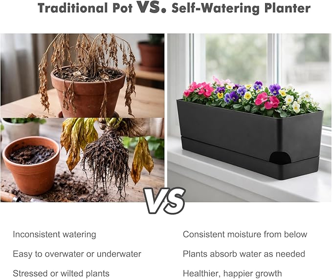 Party Zealot Self Watering Pots for Indoor Plants, 5 Pack Window Boxes Planters 17 Inch Rectangular Planter Rectangle Flower Pots Long Plant Pot Large Window Sill Herb Planter Box, Black
