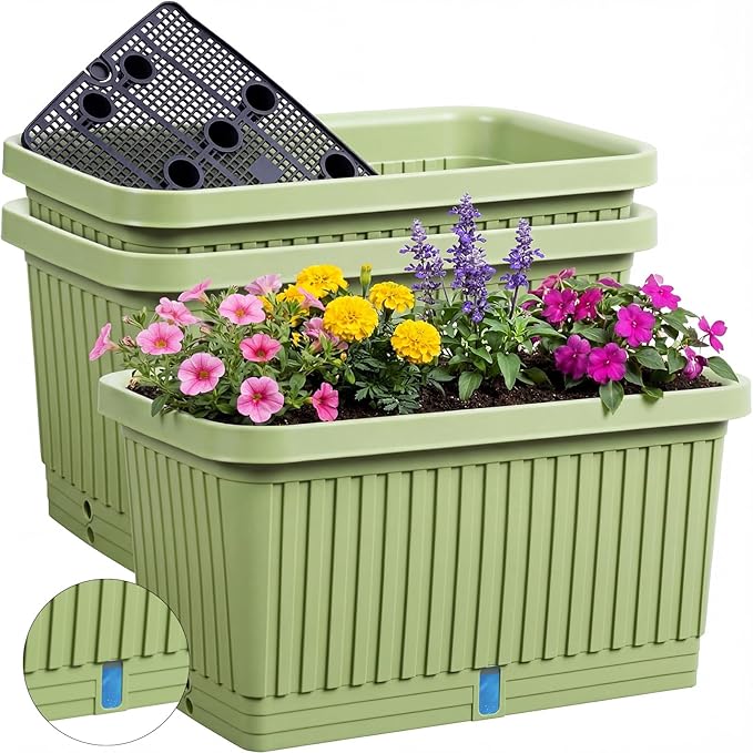 3 Pcs 20 Inches Large Planter Boxes Deep Rectangular Planter Boxes Outdoor Lightweight Plastic Planting Flower Pot with Drainage Holes Plant Pot for Patio, Courtyard, Lawn, Outdoor