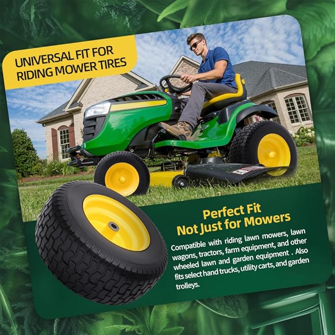 16x6.50-8 tire and wheel Flat Free Assemblies (2 Pack), Lawn Mower Tires with Rim, Solid Rubber Riding Lawn Mower Tires and Wheels,3" Offset Hub,3/4" Bushings,16x6.5-8 Tractor Turf Tire