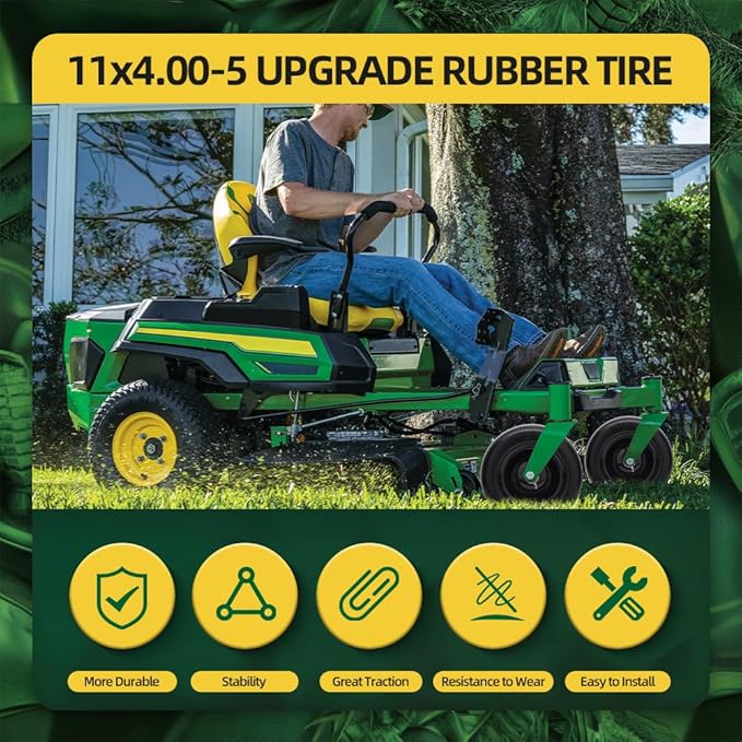 11x4.00-5 Lawn Mower Tires Flat Free (2 Pack),Universal 11x4-5 Solid Smooth Tractor Turf Tire with Rim, 3.4" Centered Hub and 3/4" & 5/8" Bushing, For Zero Turn Mowers and Riding Lawn Mower