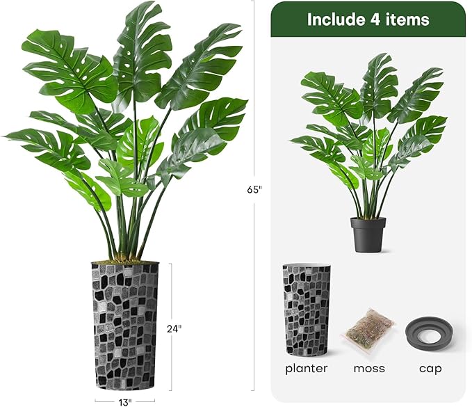 Artificial Tree in Modern Geometric Pattern Planter, Fake Monstera Silk Tree for Indoor and Outdoor Home Decoration - 65" Overall Tall (Plant Pot Plus Tree)