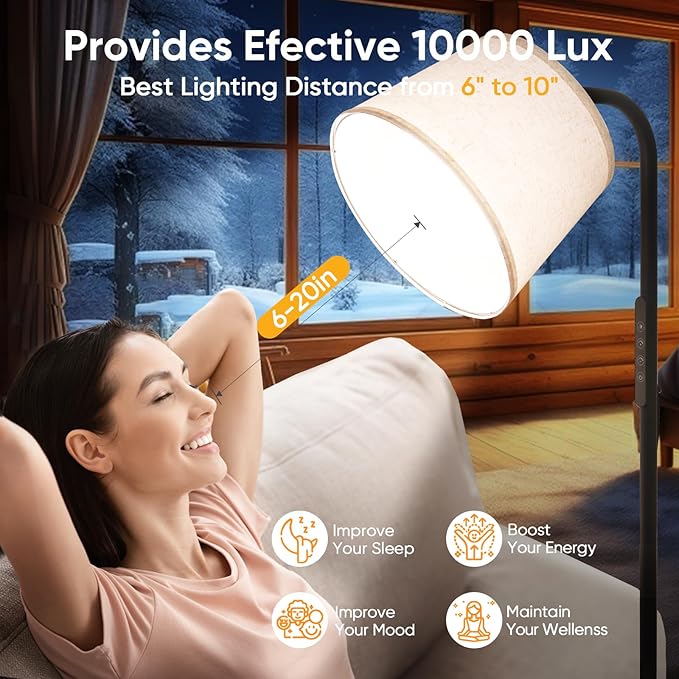 Caromolly Light Therapy Lamp, 10000 Lux Daylight Lamp with Remote & Touch Control, Adjustable Color/Brightness/Timer, Therapy Light Floor Lamp with Linen Shade for Bedroom, Office, Living Room