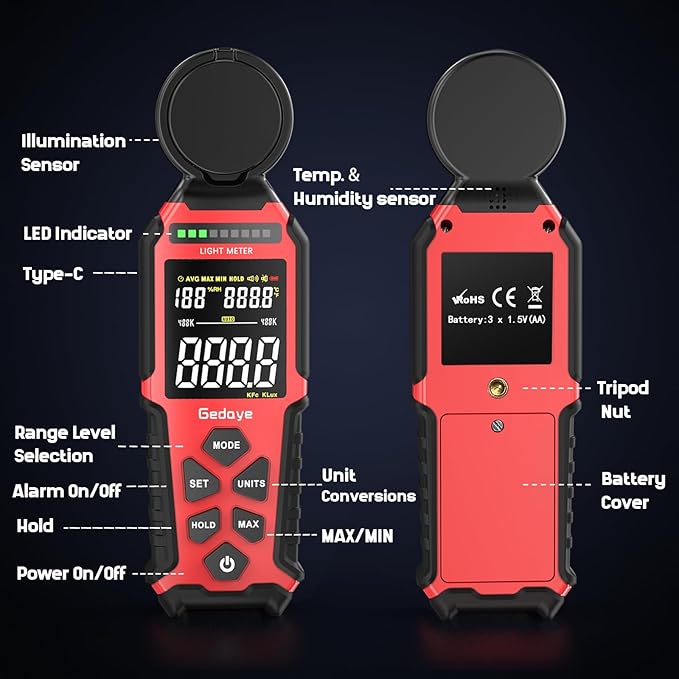 Light Meter Lux Foot Candles Meter 0~400,000 Lux Range, Large Backlit Display, Light Meter for Plants Luxmeter Light Meter Digital Illuminance Meter Handheld