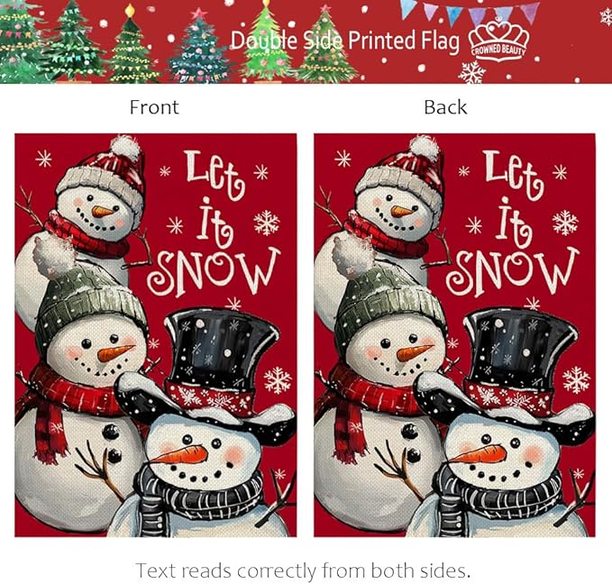 CROWNED BEAUTY Christmas Snowman Garden Flag 12x18 Inch Double Sided Red Xmas Let It Snow Decoration for Outside Yard CF1898-12