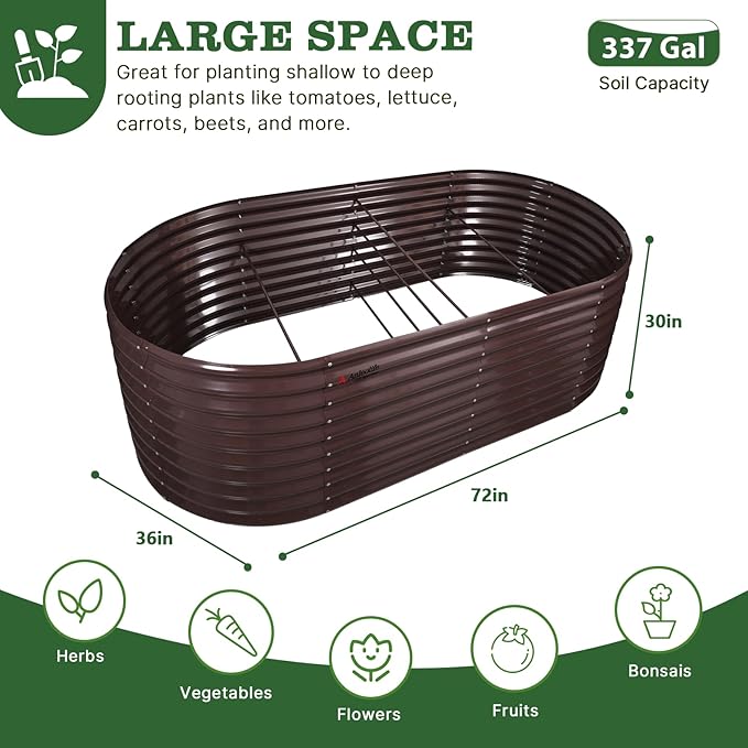 A ANLEOLIFE 30" Extra Tall Galvanized Raised Garden Beds Outdoor, 6x3x2.5ft Oval Metal Planter Boxes for Planting Vegetables, Flowers, Fruits, Eco-Safe & Easy Setup, CaféBronze