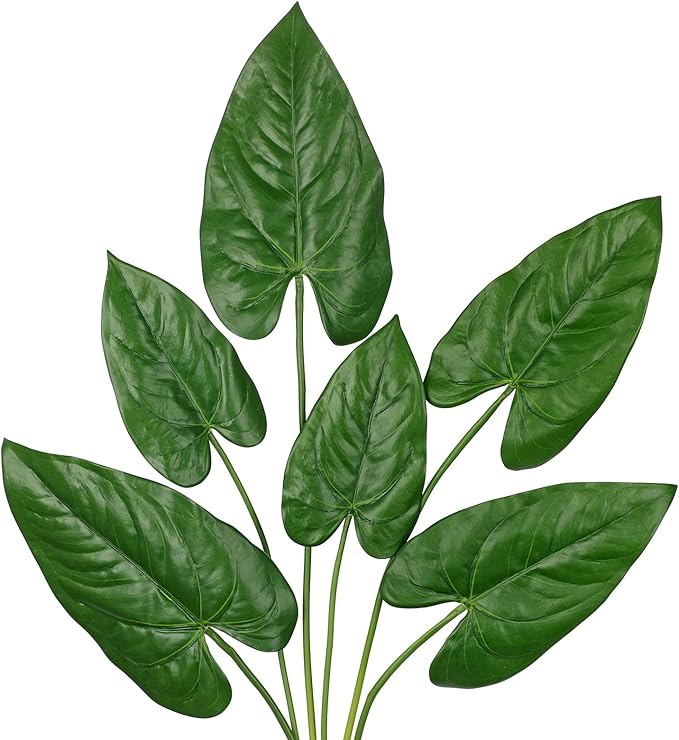 Hollyone 6 Pack Artificial Anthurium Leaves with Stems Real Touch Faux Anthurium Safari Leaf Fake Palm Tropical Plants for Vase Hawaiian Luau Party Jungle Beach Table Home Wedding Kitchen Decor